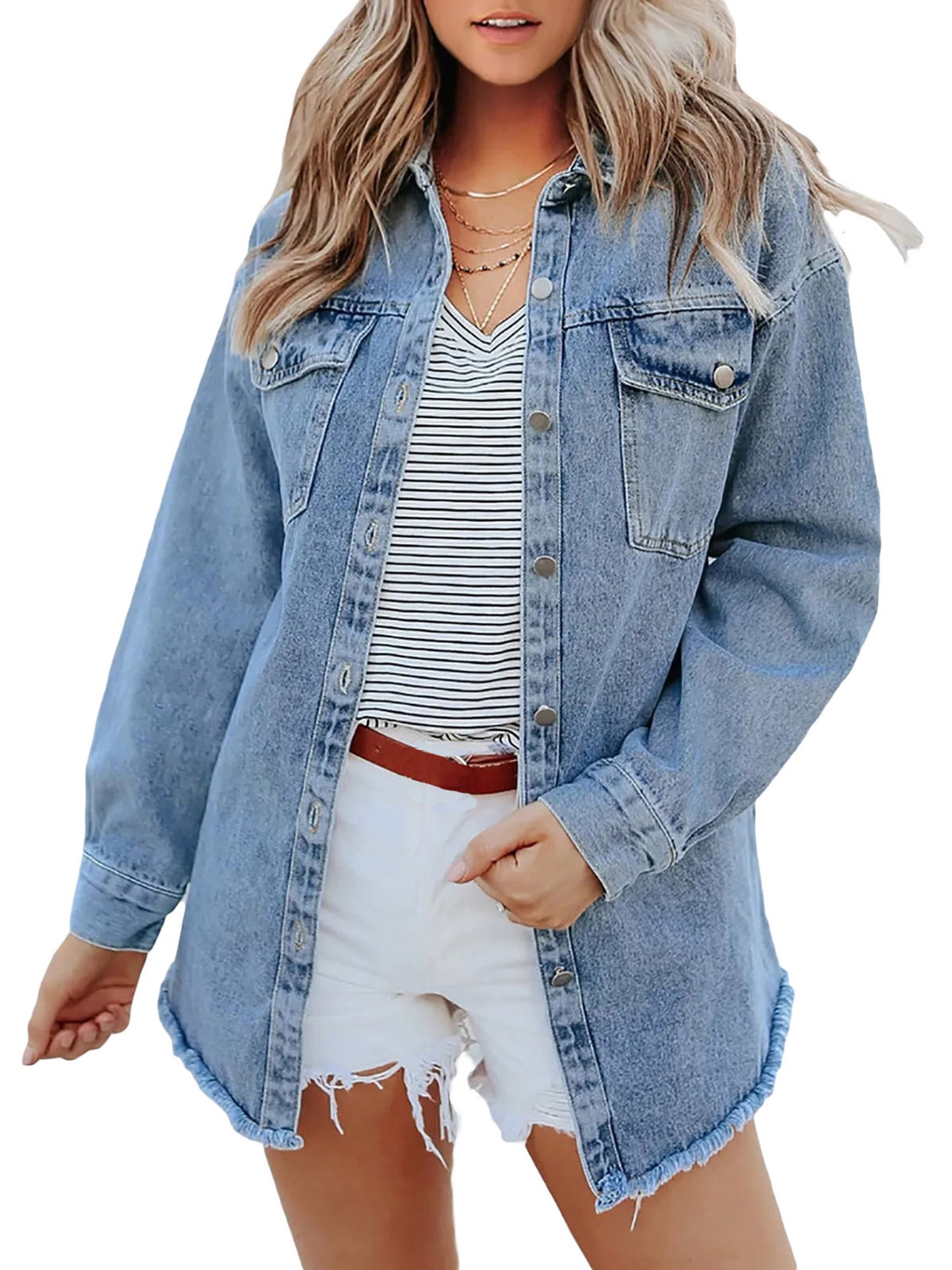 AverieLuxe Women's Plain Button Front Drop Shoulder Curved Hem Denim Jacket for Spring/Summer