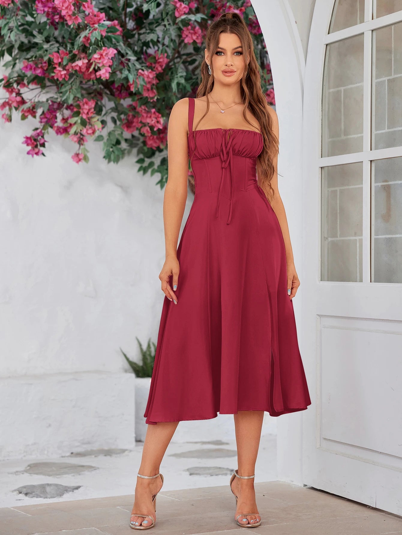 AverieLuxe Elegant Ruched Midi Dress – Lace-Up, Split Thigh, French Style