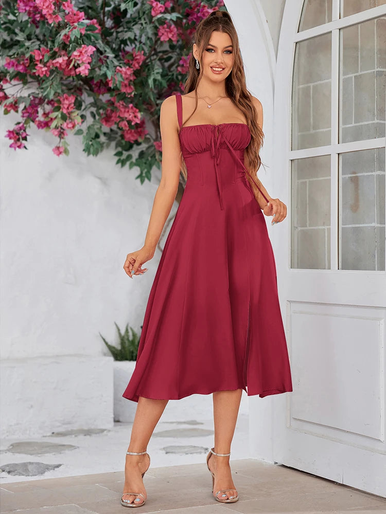 AverieLuxe Elegant Ruched Midi Dress – Lace-Up, Split Thigh, French Style