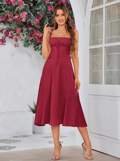 AverieLuxe Elegant Ruched Midi Dress – Lace-Up, Split Thigh, French Style