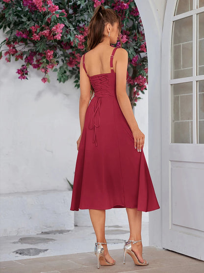 AverieLuxe Elegant Ruched Midi Dress – Lace-Up, Split Thigh, French Style