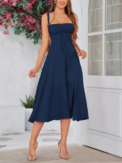 AverieLuxe Elegant Ruched Midi Dress – Lace-Up, Split Thigh, French Style