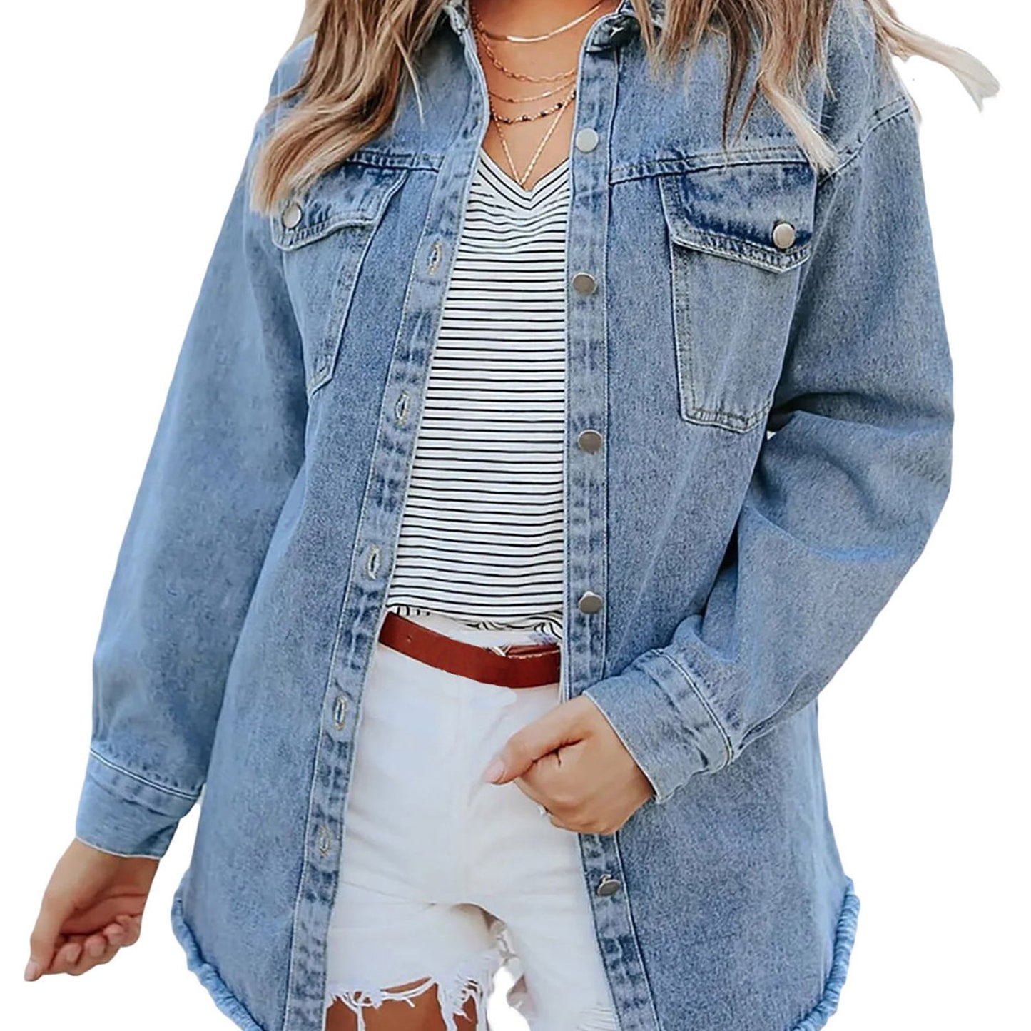 AverieLuxe Women's Plain Button Front Drop Shoulder Curved Hem Denim Jacket for Spring/Summer